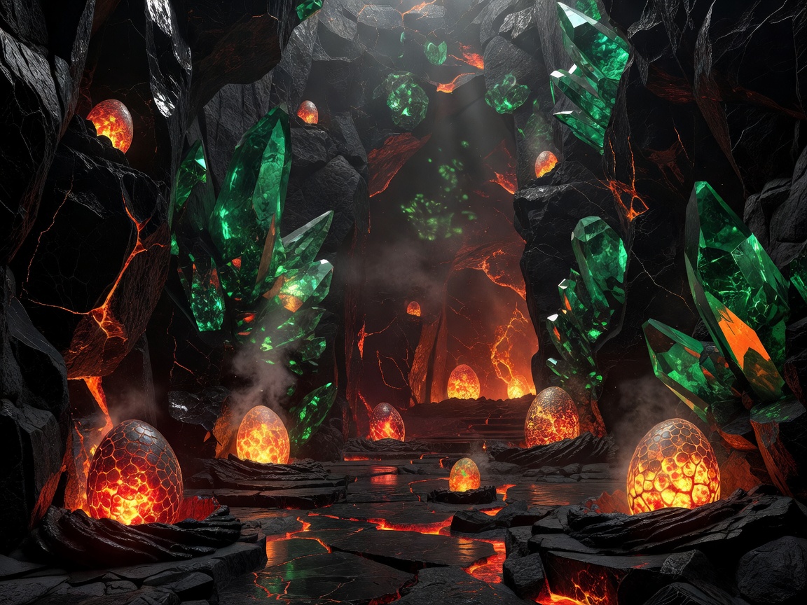 Ancient volcanic dragon forge with glowing dragon eggs, obsidian stone halls, and emerald crystal formations