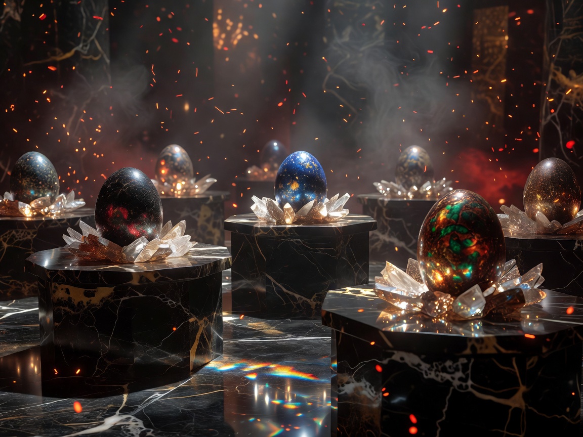 Luxury dragon egg vault with crystal nests, black marble platforms, and mystical ember atmosphere