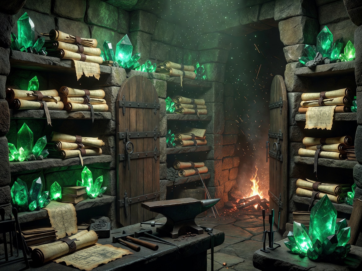 Mystical forge archive with ancient scrolls, emerald crystals, and premium fantasy lighting